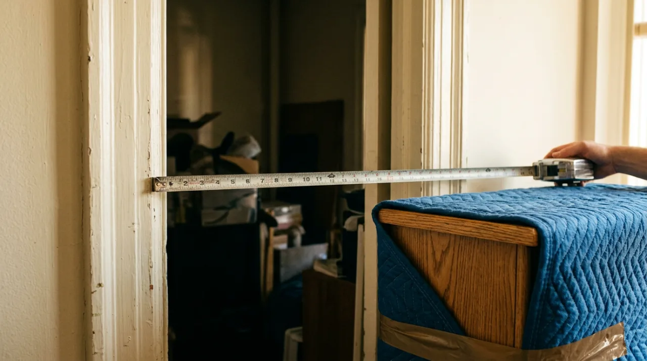 A tape measure stretched across an interior doorway beside a dresser wrapped in a blue moving blanket